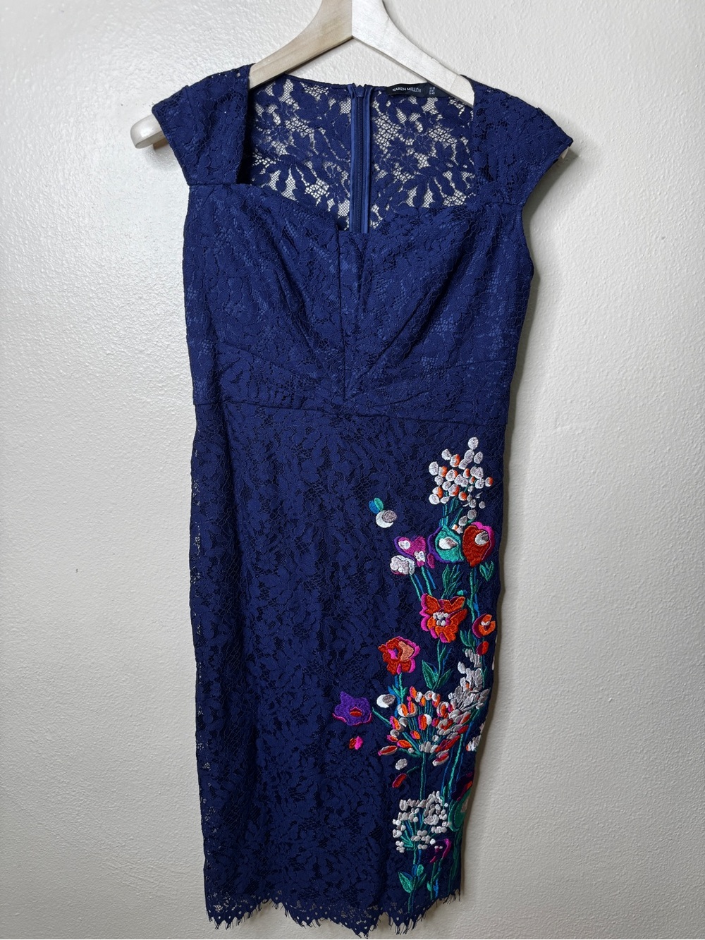 Karen Millen US 8 Navy Lace Floral Embroidered Sheath Cocktail Midi Dress